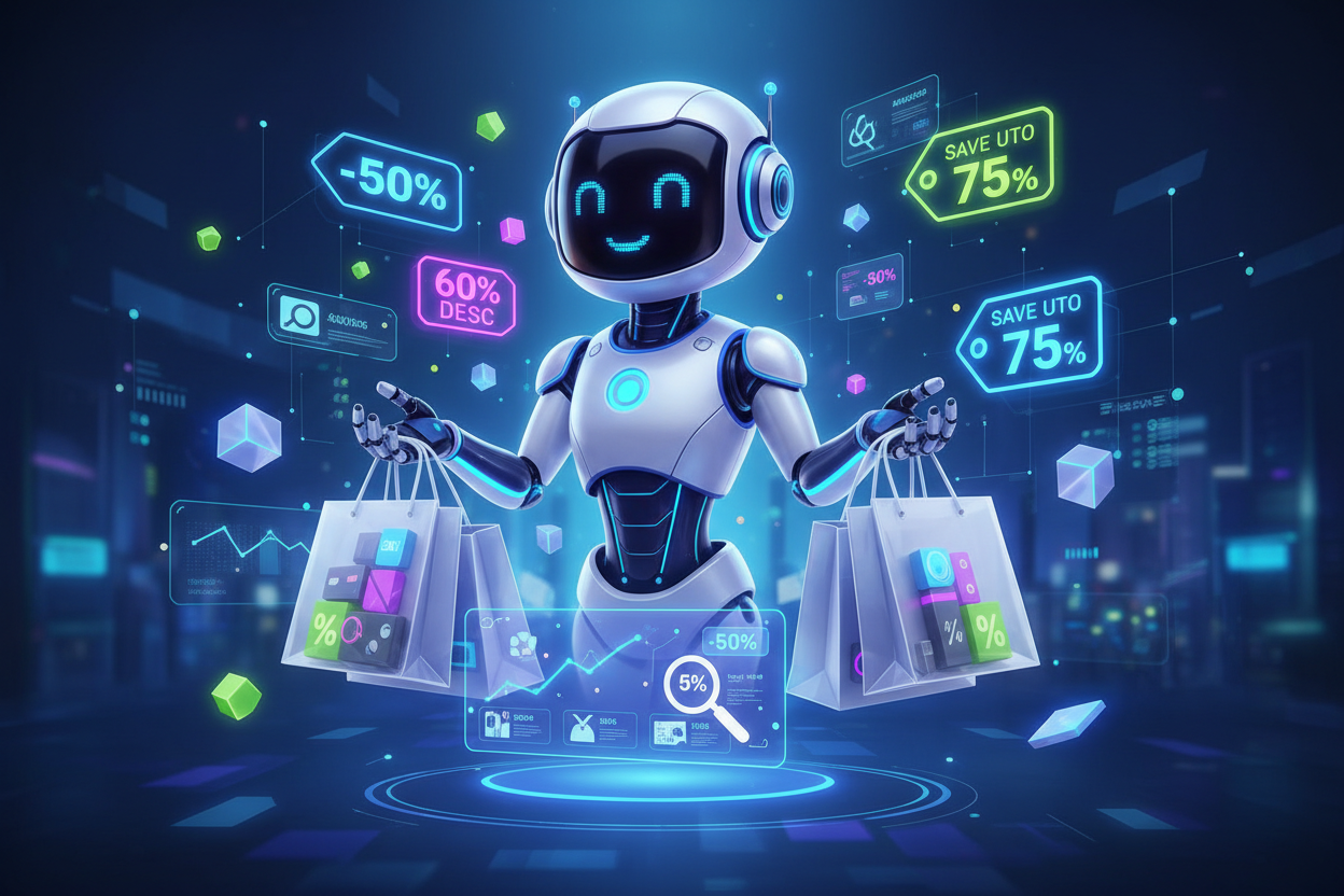 imagen de una intelegencia artificial representada por un especie de bot el cual tiene ofertas , bolsas , y que aparezca -50% , 60% desc y mas , la idea es que la imagen represente a la gente que la haga crear que es una pagina 100% gestionada por la ia que busca los mejores precios